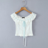 Lace-trimmed color-blocked off-the-shoulder button-down shirt - Thumbnail 4