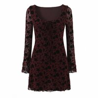 Retro low-cut hollow-out tie-up flocked print slim-fit long-sleeved dress - Thumbnail 2