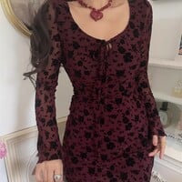 Retro low-cut hollow-out tie-up flocked print slim-fit long-sleeved dress - Thumbnail 3
