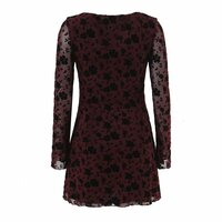 Retro low-cut hollow-out tie-up flocked print slim-fit long-sleeved dress - Thumbnail 5