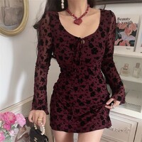 Retro low-cut hollow-out tie-up flocked print slim-fit long-sleeved dress - Thumbnail 6