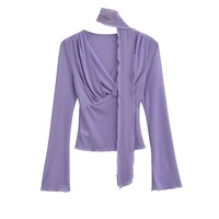 Deep V-neck fitted waist mesh long-sleeved t-shirt - Thumbnail 1