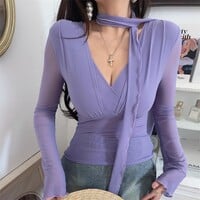 Deep V-neck fitted waist mesh long-sleeved t-shirt - Thumbnail 2