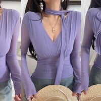 Deep V-neck fitted waist mesh long-sleeved t-shirt - Thumbnail 3