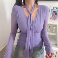 Deep V-neck fitted waist mesh long-sleeved t-shirt - Thumbnail 4