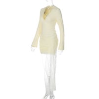 Sexy deep V-neck bodycon dress with lace ribbon long sleeves and double layers - Thumbnail 2