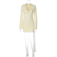 Sexy deep V-neck bodycon dress with lace ribbon long sleeves and double layers - Thumbnail 3