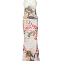 Fashionable woolen strapless patchwork printed long sexy halter neck dress - Thumbnail 2