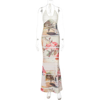 Fashionable woolen strapless patchwork printed long sexy halter neck dress - Thumbnail 4