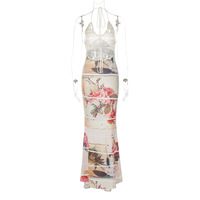 Fashionable woolen strapless patchwork printed long sexy halter neck dress - Thumbnail 5