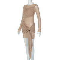 Sexy mesh-paneled long-sleeved slim-fitting bodycon dress with tie-up details - Thumbnail 1