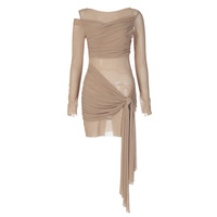 Sexy mesh-paneled long-sleeved slim-fitting bodycon dress with tie-up details - Thumbnail 6