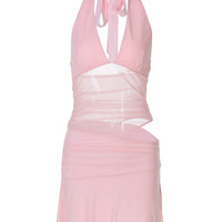 Sexy deep V-neck patchwork mesh hollow-out bodycon short halter dress - Thumbnail 1