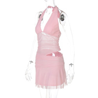 Sexy deep V-neck patchwork mesh hollow-out bodycon short halter dress - Thumbnail 4