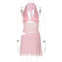 Sexy deep V-neck patchwork mesh hollow-out bodycon short halter dress - Thumbnail 5