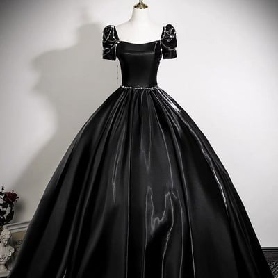 Black satin long a-line prom party gown