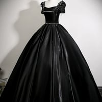 Black Satin Long A-Line Prom Party Gown - Thumbnail 1