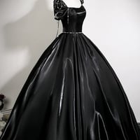 Black Satin Long A-Line Prom Party Gown - Thumbnail 2