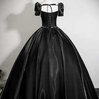 Black Satin Long A-Line Prom Party Gown - Thumbnail 3