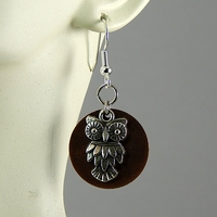 Full Moon Owl Earrings – Handmade Copper Disks with Silver Owl Charms on Hypoallergenic Ear Wires - Thumbnail 1