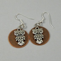Full Moon Owl Earrings – Handmade Copper Disks with Silver Owl Charms on Hypoallergenic Ear Wires - Thumbnail 2