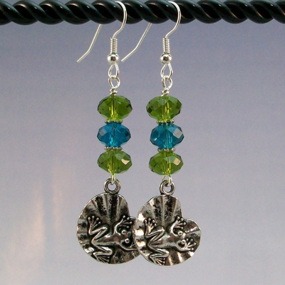 Crystal drop earrings with lily pad frog charm – handmade olivine & blue zircon jewelry