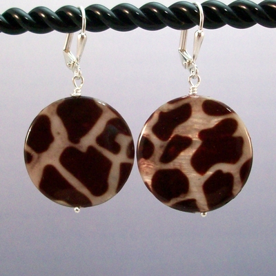 Giraffe print mother of pearl earrings – handmade animal print jewelry with silver lever back earwires