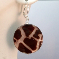 Giraffe Print Mother of Pearl Earrings – Handmade Animal Print Jewelry with Silver Lever Back Earwires - Thumbnail 1
