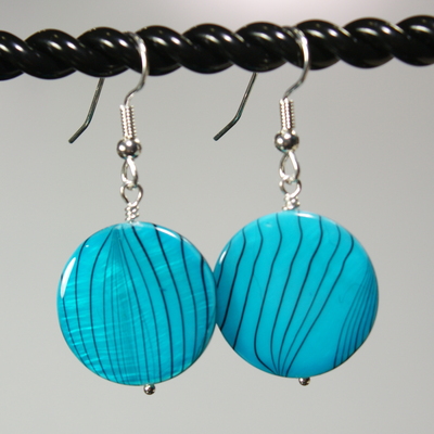 Bright blue & black striped shell earrings – handmade jewelry with hypoallergenic ear wires
