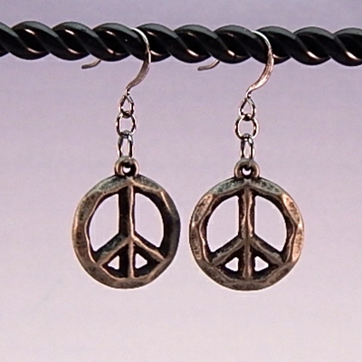 Rustic dark pewter peace sign earrings – handmade boho jewelry on gunmetal brass earwires