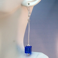 Cobalt Glass Cube Dangle Earrings – Handmade Jewelry with Hypoallergenic Earwires - Thumbnail 1