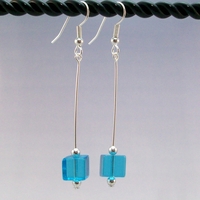 Turquoise Glass Cube Dangle Earrings – Handmade Jewelry - Thumbnail 2