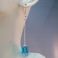 Turquoise Glass Cube Dangle Earrings – Handmade Jewelry - Thumbnail 1