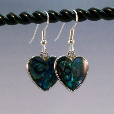 Paua shell heart earrings – handmade jewelry with hypoallergenic earwires