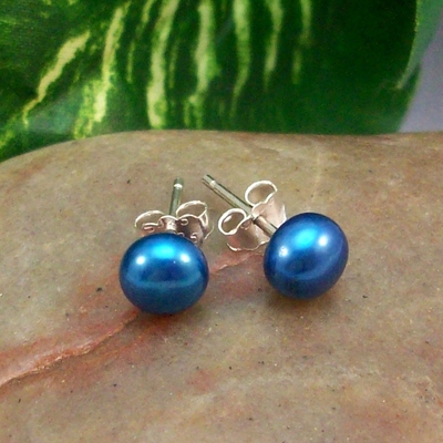 Blue freshwater pearl earrings – handmade 925 sterling silver post jewelry