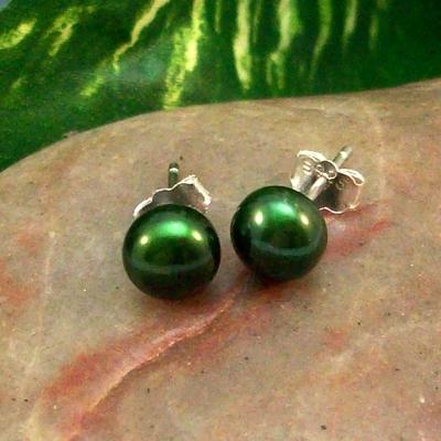 Green freshwater pearl earrings – handmade 925 sterling silver post jewelry