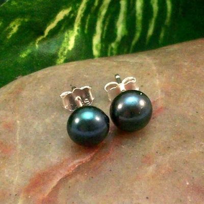 Navy freshwater pearl earrings – handmade 925 sterling silver post jewelry