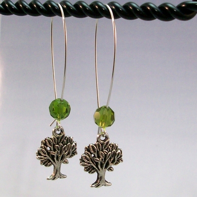 Olivine crystal tree of life earrings – handmade long dangle jewelry with hypoallergenic earwires