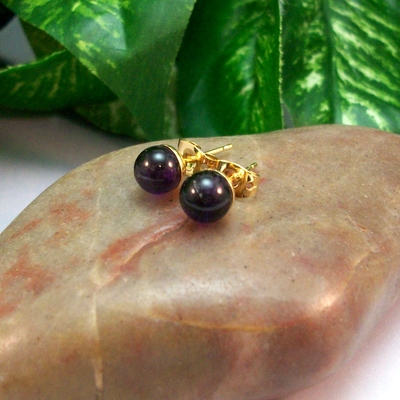 Amethyst round post earrings – handmade gemstone jewelry on gold plated posts