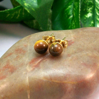 Tiger’s eye round post earrings – handmade 6mm gemstone studs on gold plated posts
