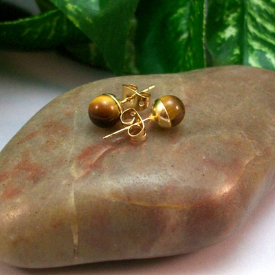 Tiger’s eye round post earrings – handmade 6mm gemstone studs on gold plated posts
