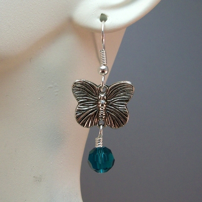 Butterfly drop earrings with blue zircon crystal – handmade crystal jewelry on hypoallergenic earwires