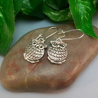Fluffy Owl Drop Earrings – Handmade Antique Silver Charm Jewelry - Thumbnail 1