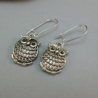 Fluffy Owl Drop Earrings – Handmade Antique Silver Charm Jewelry - Thumbnail 2