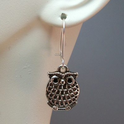 Fluffy owl drop earrings – handmade antique silver charm jewelry