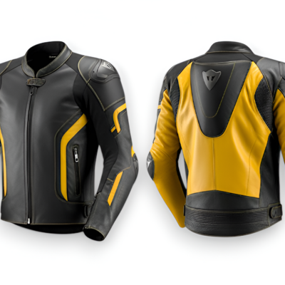Crafted leather design black yellow racing biker motorcycle jacket - Thumbnail 1