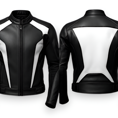 Crafted leather design black white racing biker motorcycle jacket - Thumbnail 3