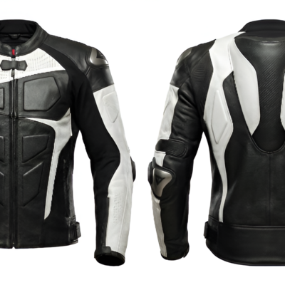 Crafted leather design black white racing biker motorcycle jacket - Thumbnail 1