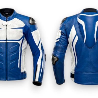 Crafted leather design blue white racing biker motorcycle jacket - Thumbnail 2