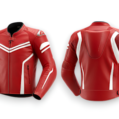 Crafted leather design red white racing biker motorcycle jacket - Thumbnail 1